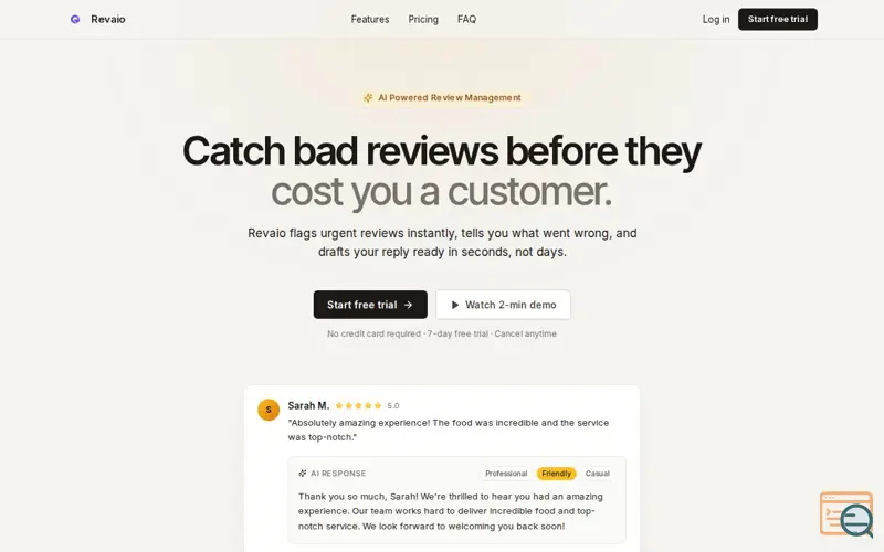 Screenshot of Revaio | AI Review Response Software & Google Reviews Responder