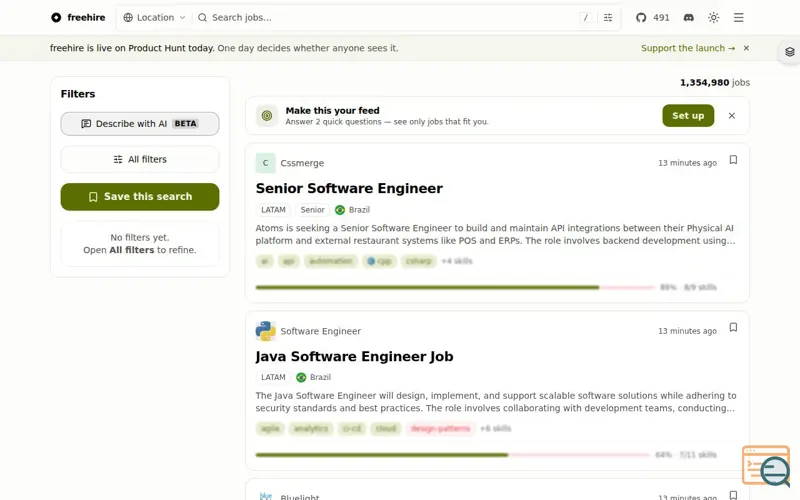 Screenshot of freehire — the open-source search engine for tech jobs