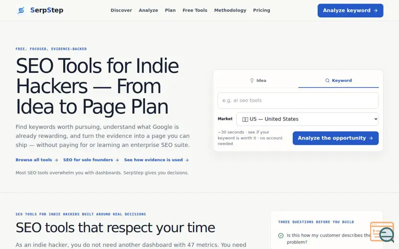 Screenshot of SEO Tools for Indie Hackers — SerpStep, a launch using Waffo