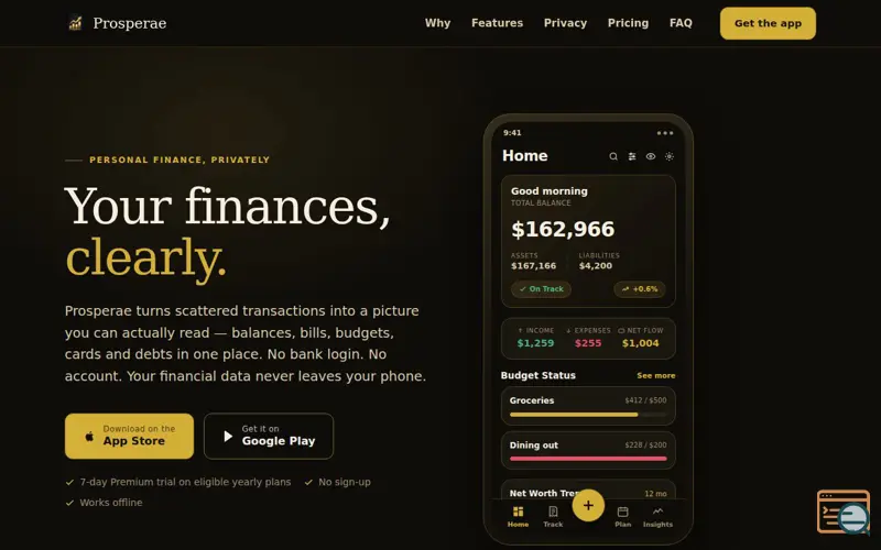 Screenshot of Prosperae — Your finances, clearly.