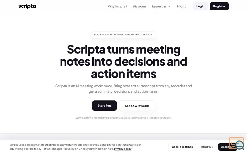 Screenshot of Scripta — Turn meetings into decisions and action items