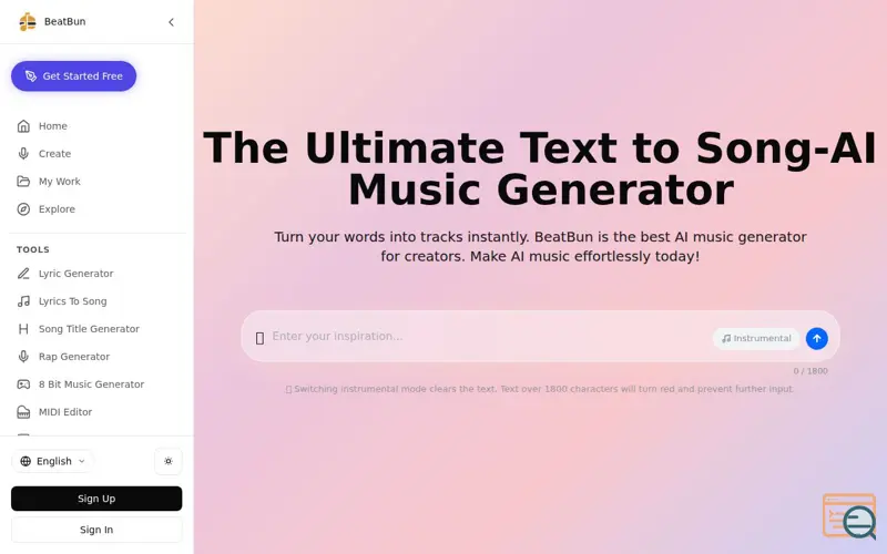 Screenshot of AI text to song tool to create royalty-f