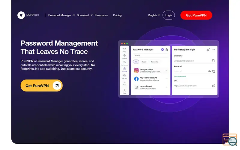 Screenshot of PUREVPN Password Manager, a launch using TrustedSite