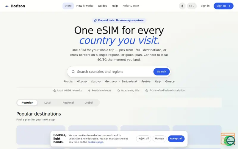 Screenshot of Horizon eSIM, a launch using VueUse