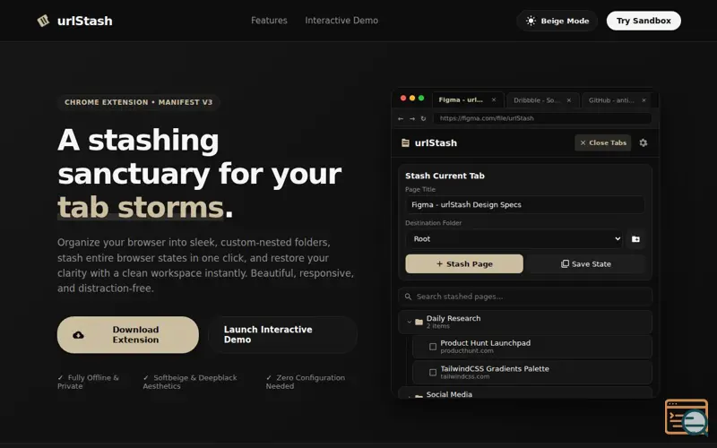 Screenshot of urlStash — Browser extension