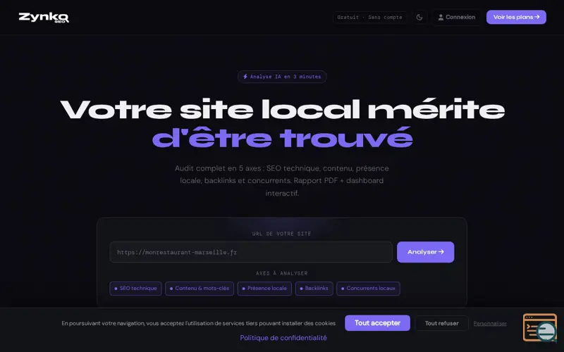 Screenshot of ZynkoSeo, Audit AI SEO gratuit, a launch using Tarteaucitron