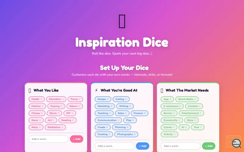 Screenshot of Inspiration Dice 