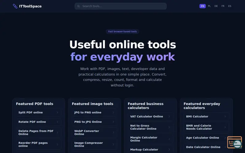 Screenshot of ITToolSpace - Fast Online Tools for Files, Text and Calculations