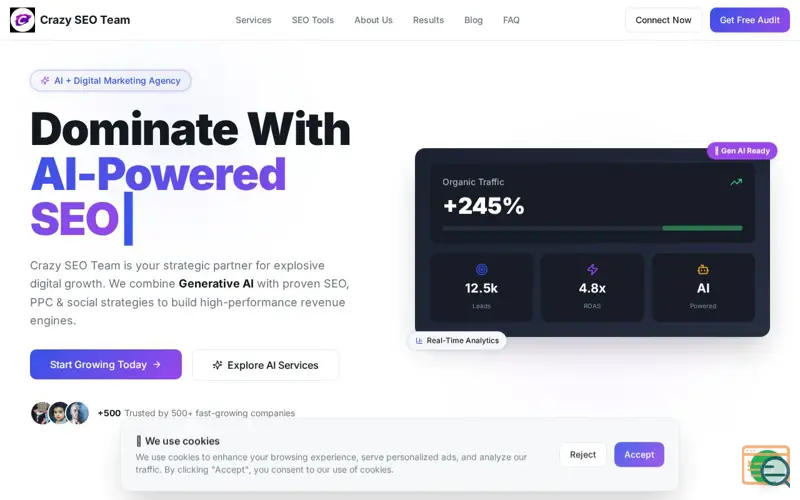 Screenshot of SEO tools, and AI powered Services 