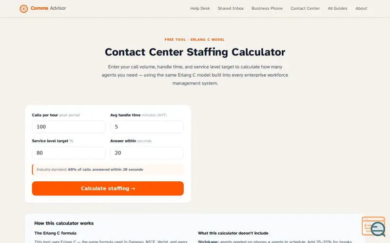 Screenshot of Contact Center Staffing Calculator