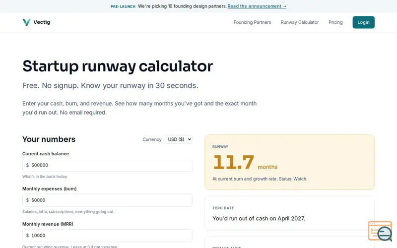 Screenshot of Free Startup runway calculator