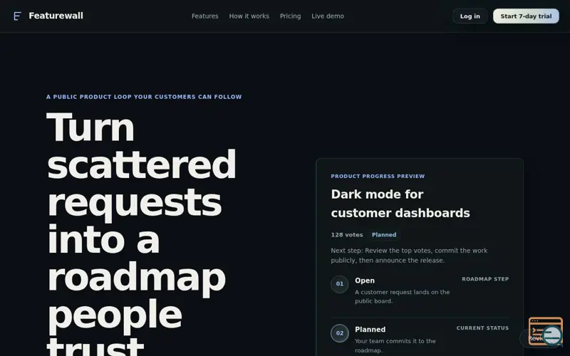 Screenshot of Featurewall — Turn user requests into a public roadmap