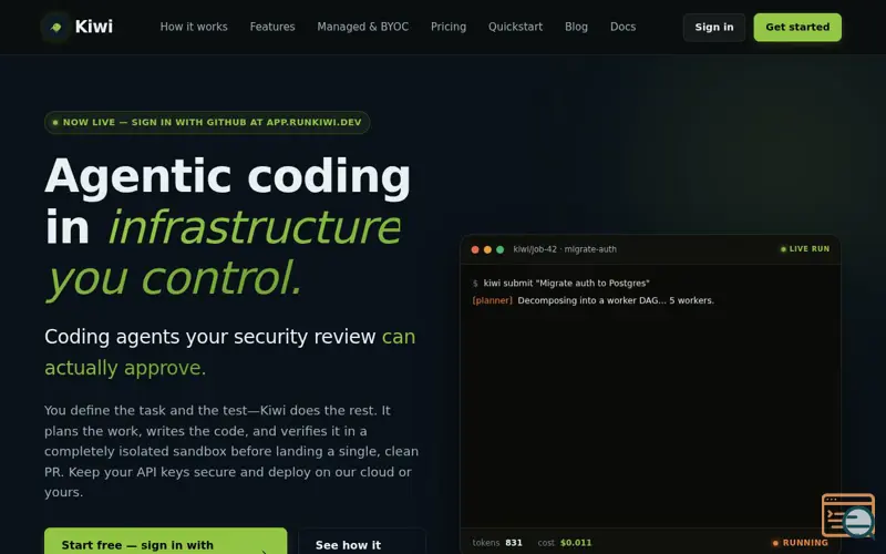 Screenshot of Kiwi — One issue in. One PR out.