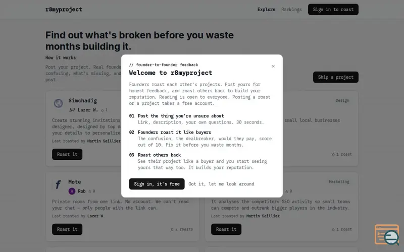 Screenshot of r8myproject - Get your project roasted by founders