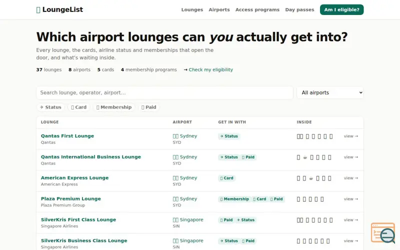 Screenshot of LoungeList