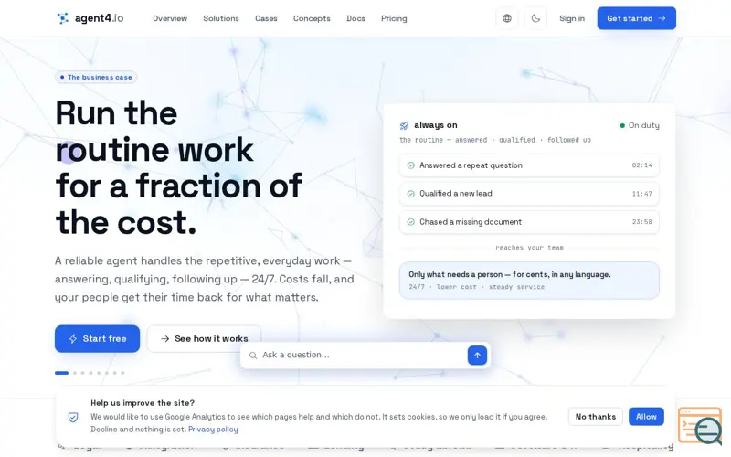 Screenshot of agent4.io — AI agents that consult, convert, and follow up