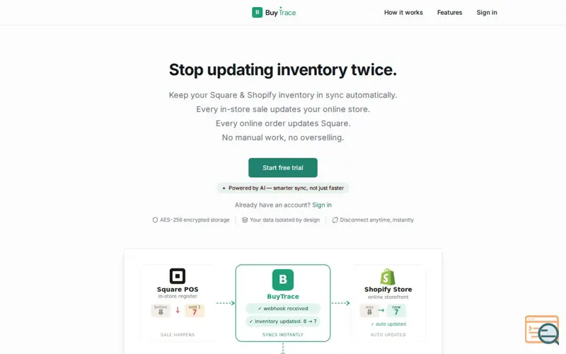 Screenshot of BuyTrace Square & Shopify Inventory Sync
