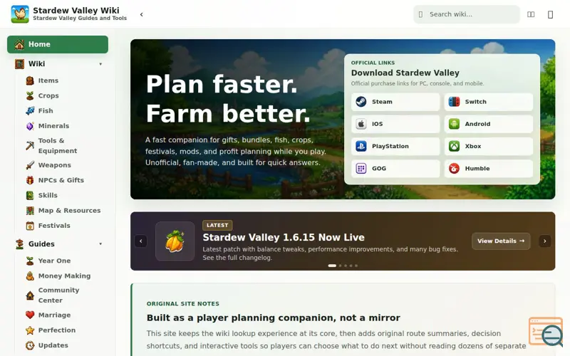 Screenshot of Stardew Valley Wiki - Guides, Gifts, Fish, Mods & Tools, a launch using PlayStation Store
