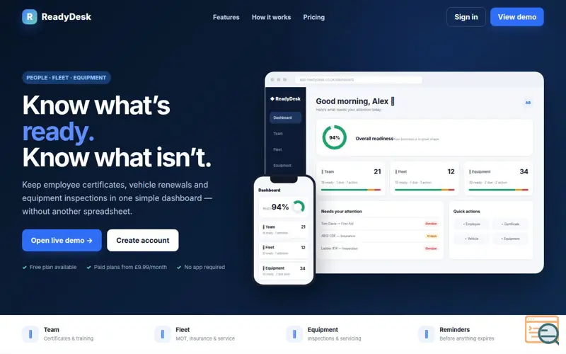 Screenshot of ReadyDesk — Business Readiness