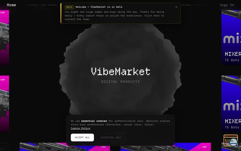 Screenshot of VibeMarket, a launch using Hacker News API