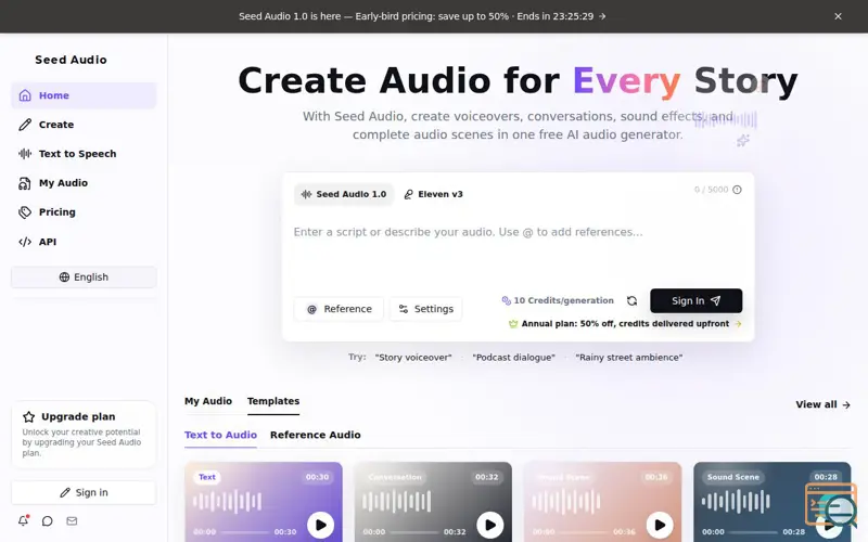 Screenshot of Seed Audio - Free AI Audio Generator & Text to Speech, a launch using MicroSaaS Examples
