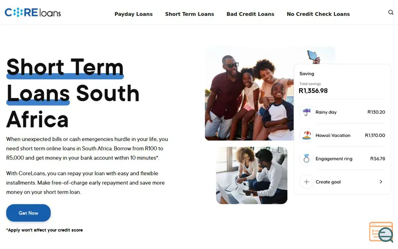 Screenshot of Core Loans South Africa