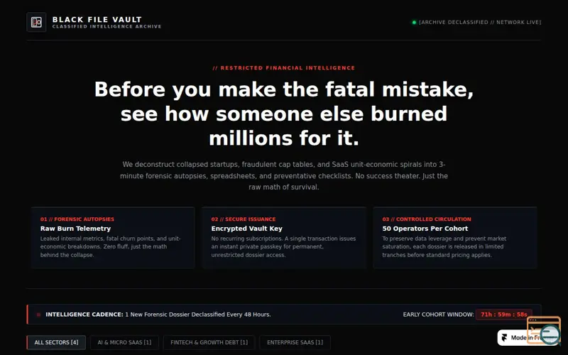 Screenshot of Black File Vault | Classified Business Intelligence & Autopsies