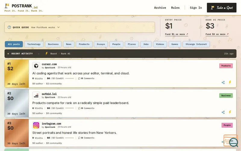 Screenshot of PostRank