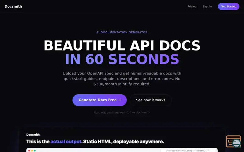 Screenshot of Docsmith — AI API Docs in 60 Seconds