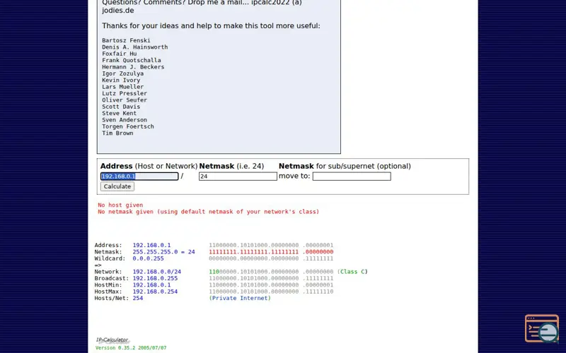 Screenshot of IP Calculator / IP Subnetting