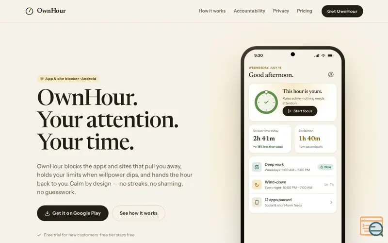 Screenshot of OwnHour — App & Site Blocker for Android