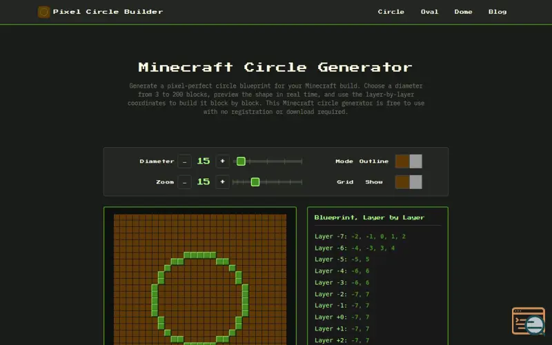 Screenshot of Minecraft Circle Generator