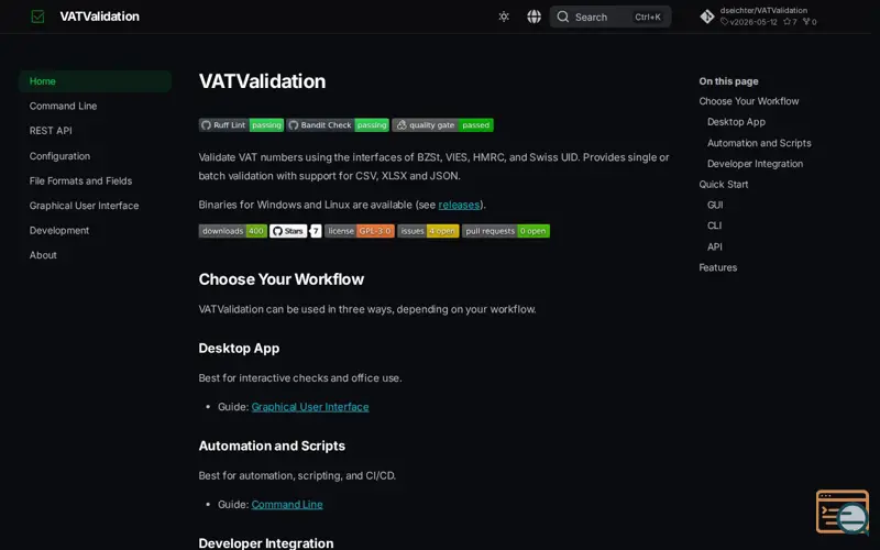 Screenshot of VATValidation, a launch using Zensical