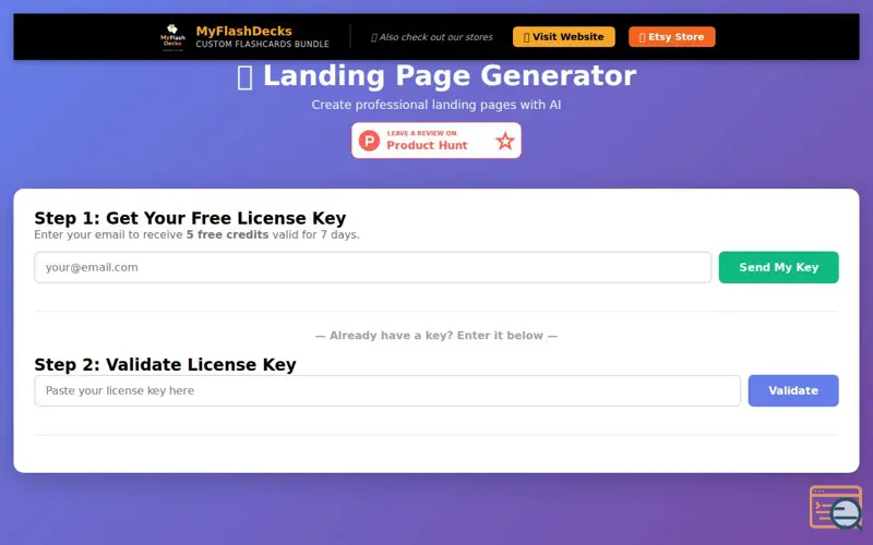 Screenshot of Landing Page Generator, a launch using PythonAnywhere
