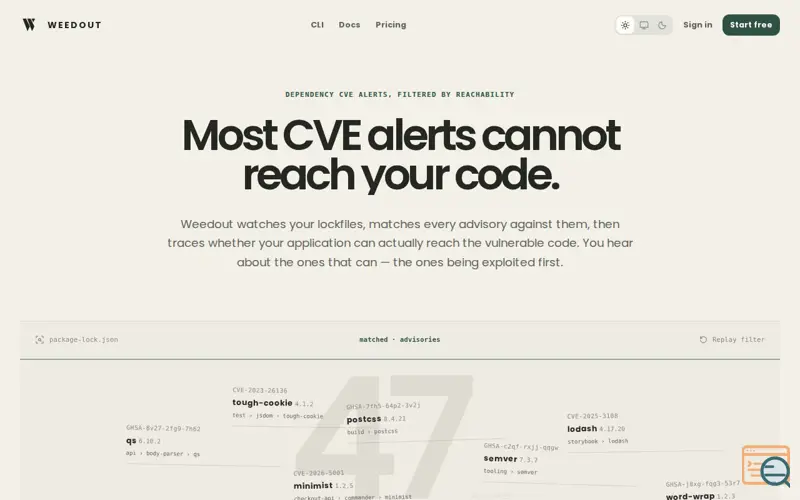 Screenshot of Weedout — weed out the noise in your CVE alerts, a launch using Votekicker