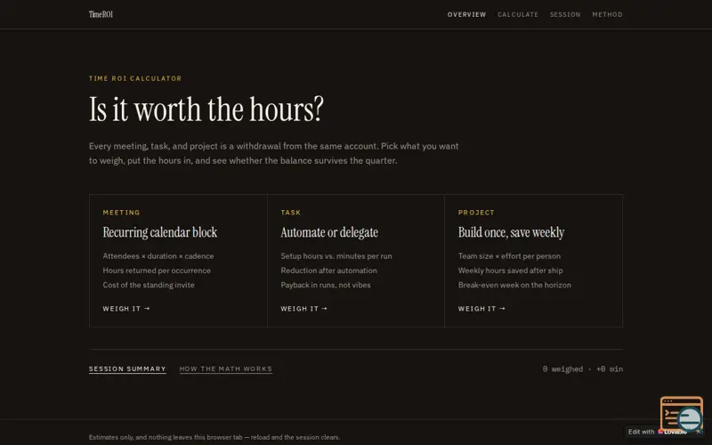 Screenshot of Time ROI Calculator 