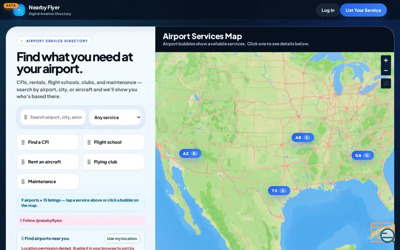 Screenshot of Nearby Flyer — Airport Services Map