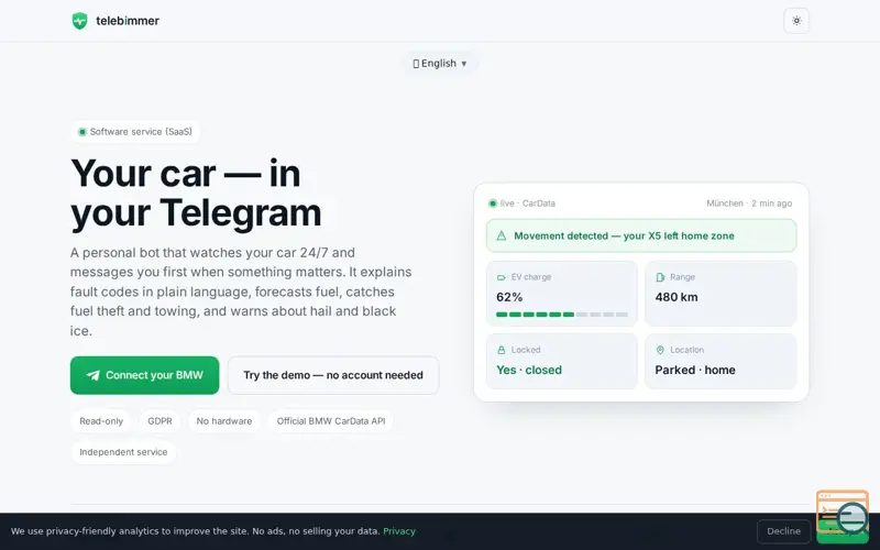 Screenshot of Telebimmer — your car status in Telegram