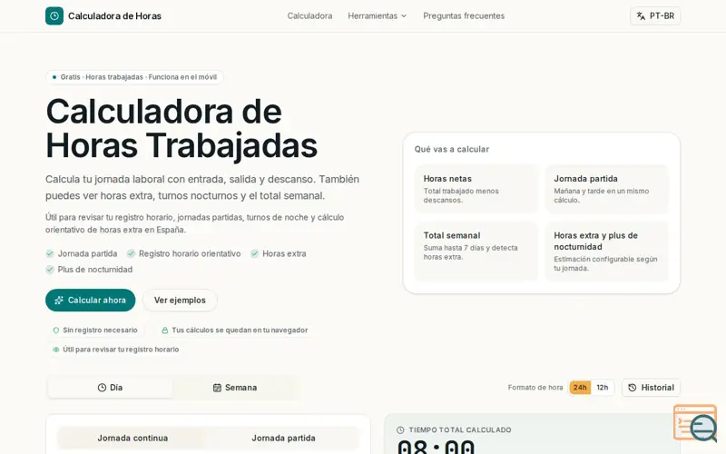 Screenshot of Calculadora de horas trabajadas online