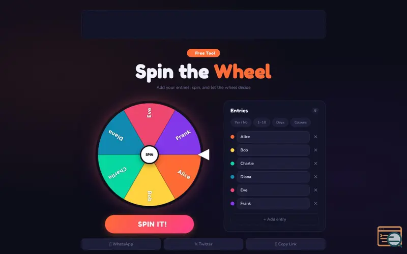 Screenshot of Free random wheel spinner online	