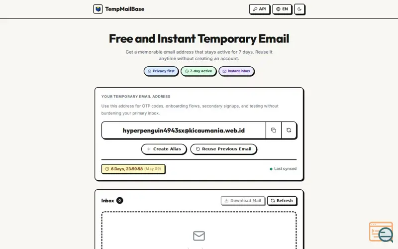 Screenshot of TempMailBase