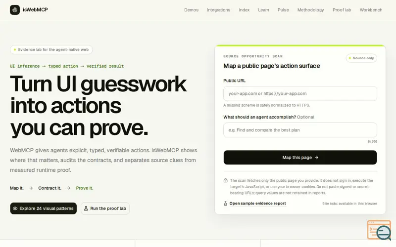 Screenshot of isWebMCP — Detect it. Test it. Prove it.