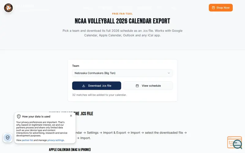 Screenshot of College Volleyball Schedule
