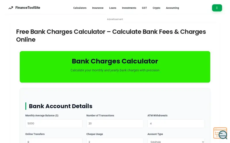 Screenshot of Free Bank Charges Calculator