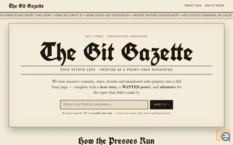 Screenshot of The Git Gazette — Any GitHub, Printed