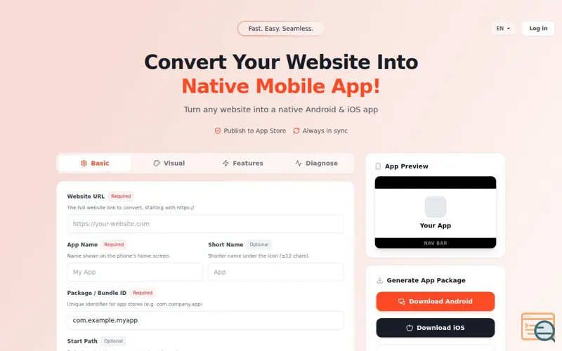 Screenshot of WebToNative