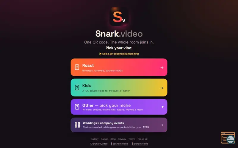 Screenshot of Snark.video, a launch using SitePatent
