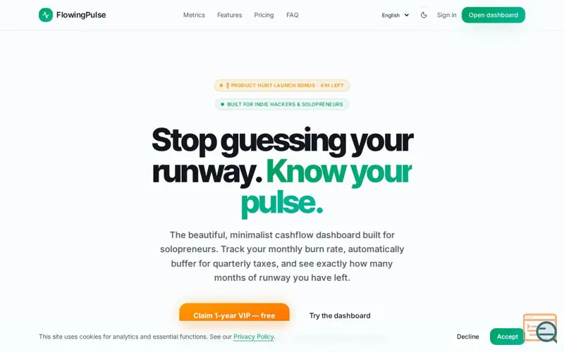 Screenshot of FlowingPulse — Stop guessing your runway. Know your pulse.