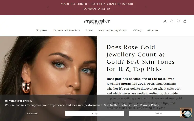 Screenshot of argent asher fine jewellery, a launch using Loox
