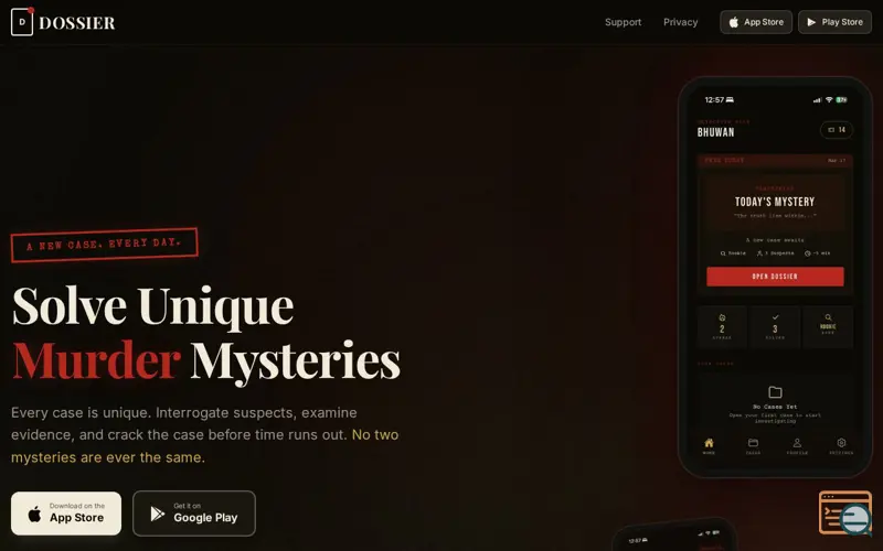 Screenshot of Dossier — Solve Unique Murder Mysteries